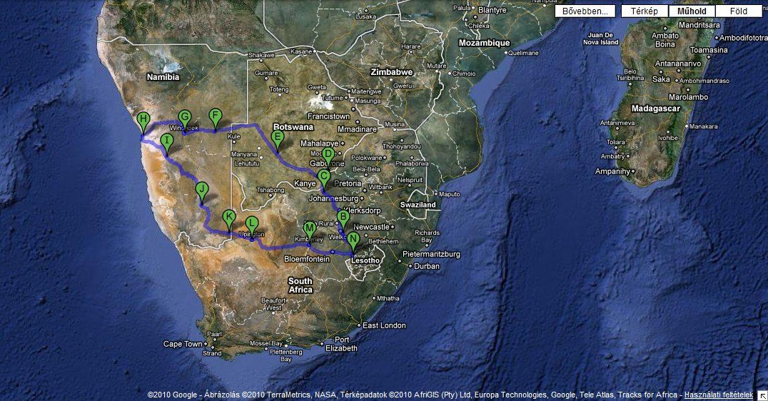 Az útvonal: Lesoth-Dél-Afrika-Botswana-Namíbia-Dél-Afrika-Lesotho